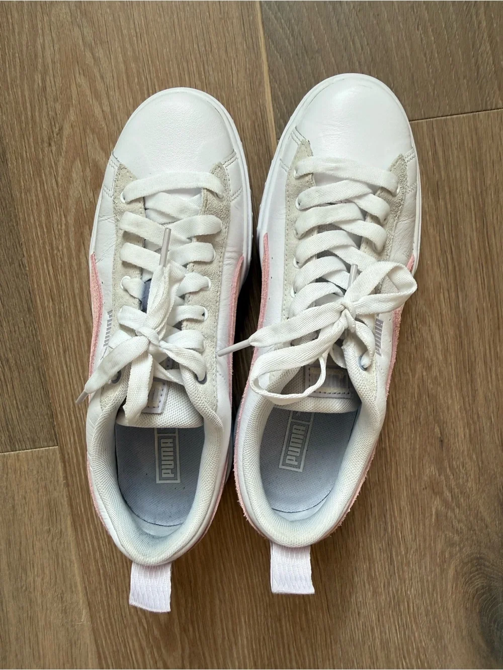 Puma White Sneakers with Pink Suede Formstrip and Gray Accent